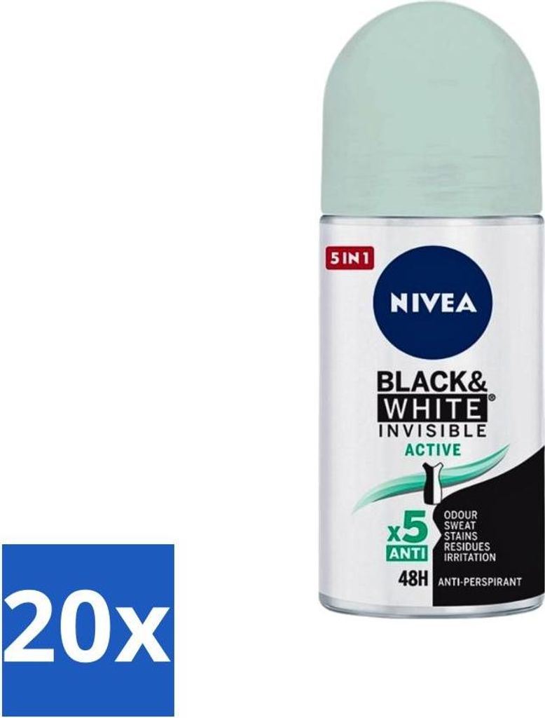 Nivea - Deodorant - Roller - Black & White Invisible - Aktiv - 50 ml - Vorteilspack - 20 Stücke