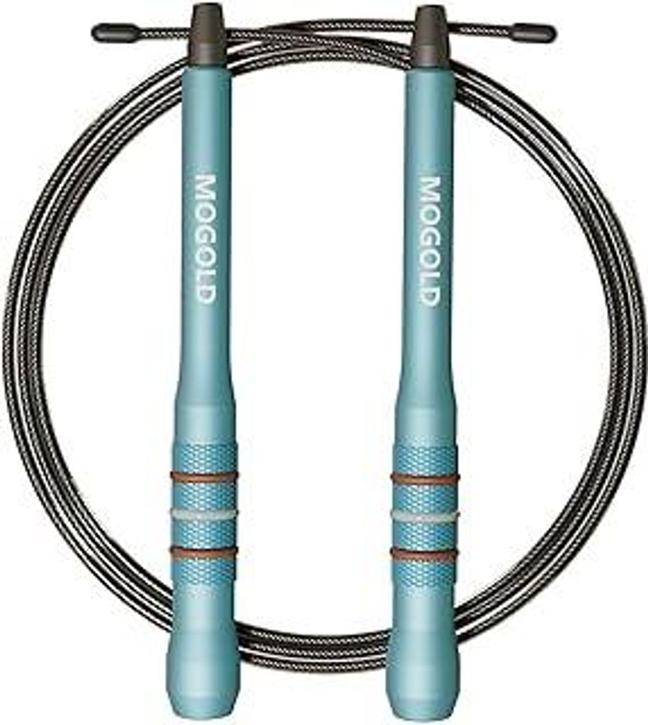 Springseil Erwachsene Fitness, Speed Rope 43cm Aluminium-Griffe in Türkis, 300cm PVC-Stahlseil, 360-Grad-Rotation, Rutschfester Griff für CrossFit