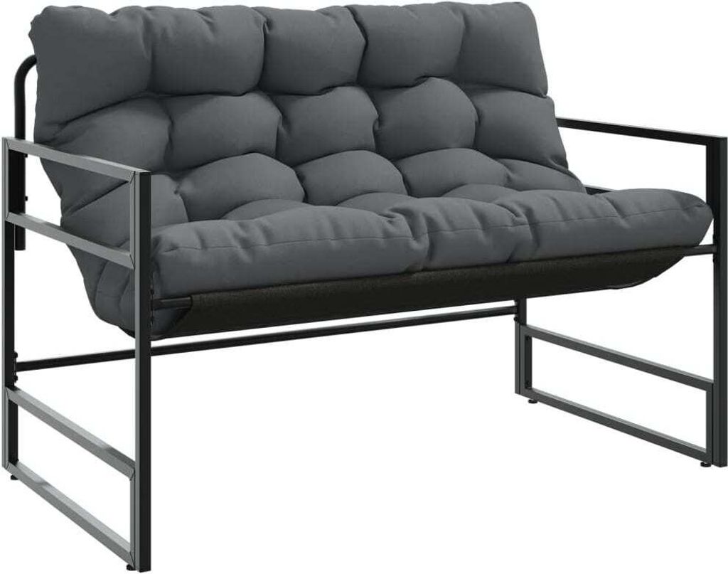 A studio shot of a gray outdoor bench with cushions.