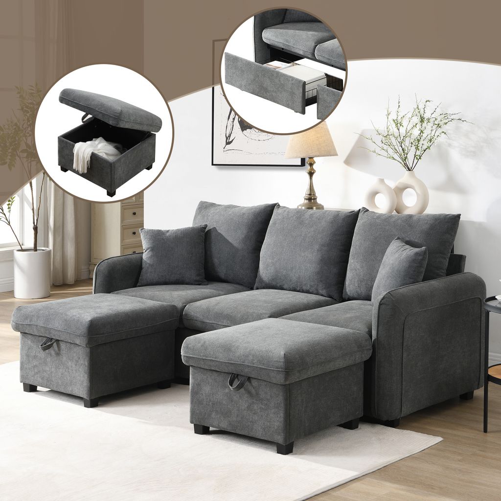 STILVORA Ecksofa Multifunktionale Polster-Sofa U-Form-Dreisitzer,Loungesofa mit Staufunktion,Sofa mit Schubladen und Hocker,Dunkelgrau