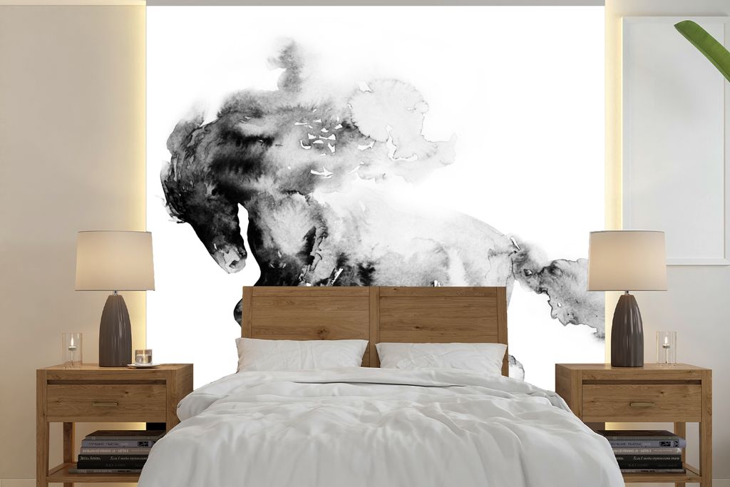 MuchoWow Fototapete für Wohnzimmer oder Schlafzimmer Wandtapete Vinyl Motivtapete Gemälde - Pferd - Tiere - Ölfarbe - Schwarz - Weiß - 220x22...
