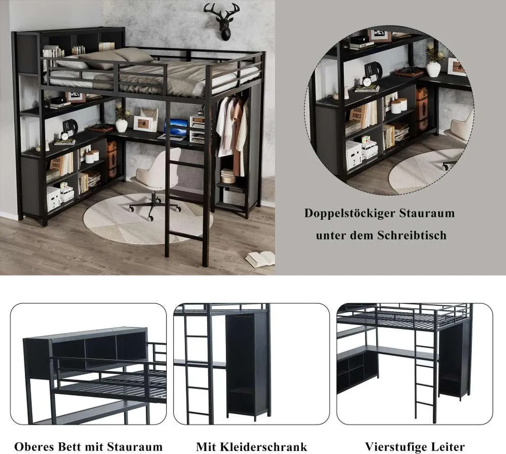 Lit surélevé noir 140x200 structure fer avec armoire de rangement intégrée - 7