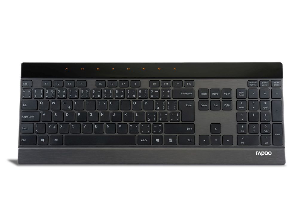 A black and gray wireless keyboard is shown against a white background.
