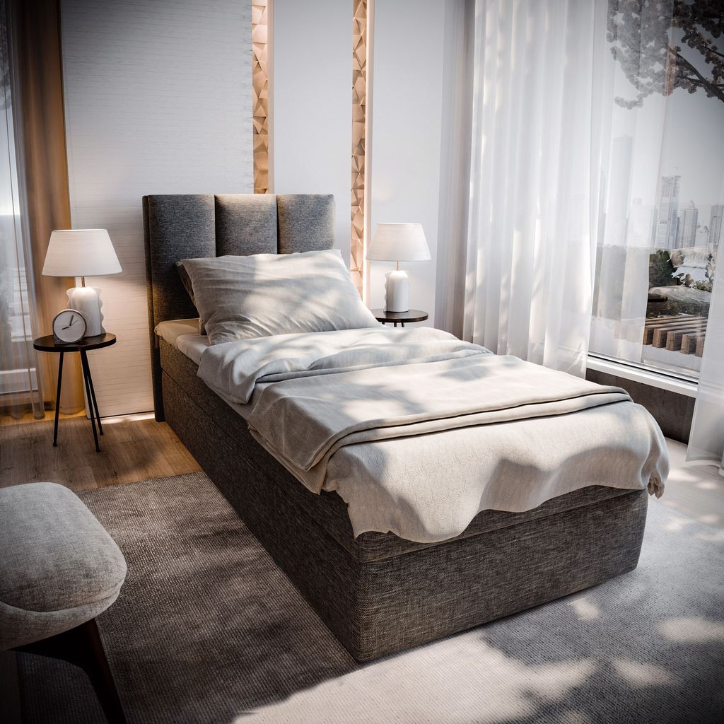 Masseno Boxspringbett MERIL 90 90x200 cm Komplett-Set mit Bonell Matratze und Topper, Polsterbett mit Bettkästen -Grau, SAWANA 05