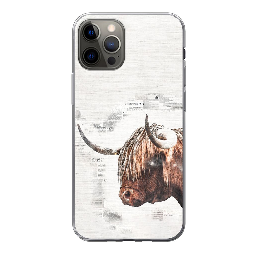 MuchoWow Handyhülle Schutzhülle Hülle für iPhone 13 Pro Scottish Highlander - Tiere - Zeitungspapier Silikon Softcase Handy Hülle - Handy-Ta...