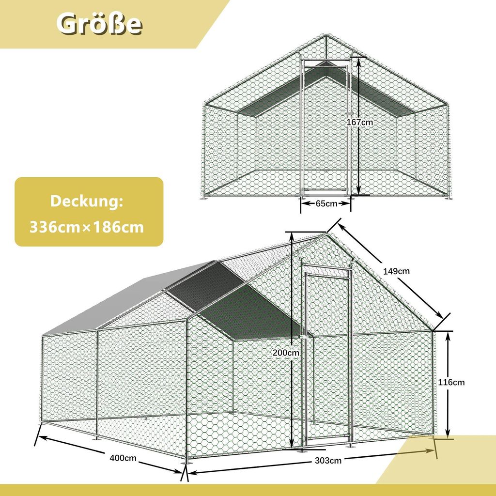 Hühnergehege Outdoor - Begehbarer Auslauf - 3x4x2 m - Sicherheitsverschluss - Wasserdichte PE-Abdeckung - Metallhaken - Für Hühner & Kleintiere