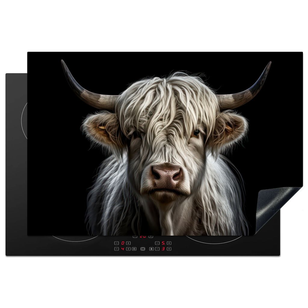 KitchenYeah Herdabdeckplatte Schottischer Highlander - Tiere - Kühe - Porträt - Schwarz , 77x51cm, Küche Deko, Glaskeramikkochfeld Herdabdecku...