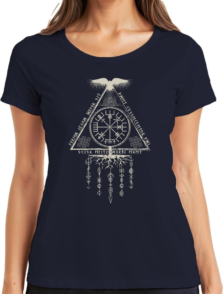Vegvisir Runenkompass Nordisches Wikingersymbol Odin Rabe Damen T-Shirt, Navy, XL