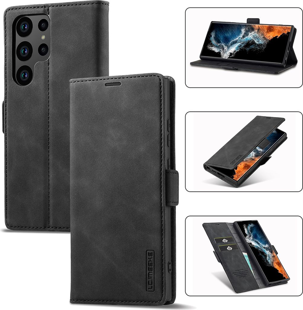 Galaxy S23 Ultra Hülle, Standfunktion Kartenfach Wallet Leder Schutzhülle für Samsung Galaxy S23 Ultra Schwarz