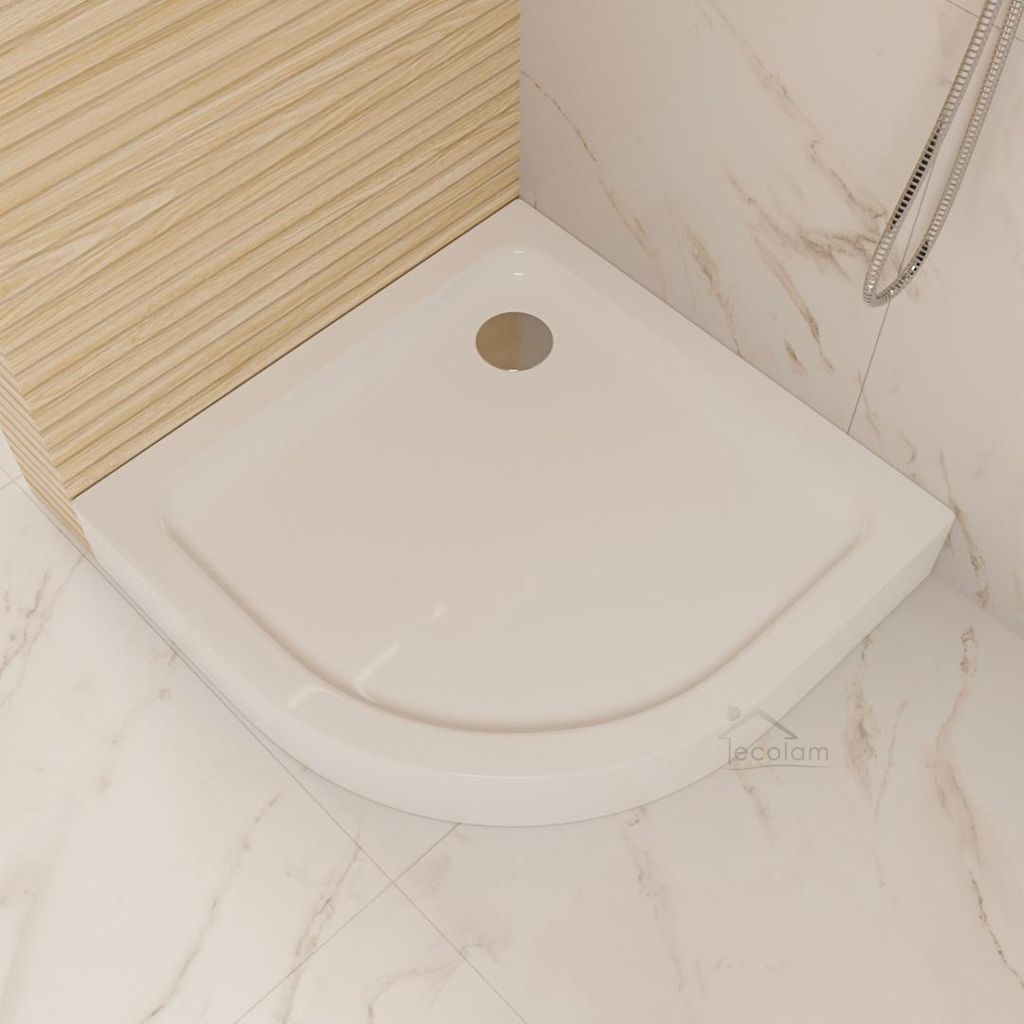 ECOLAM Duschwanne BEN 80x80 x 15 cm Tiefe 5 cm Siphon + Silikon | Viertelkreis Brausewanne Dusche weiß Acryl Schürze an 3 Seiten