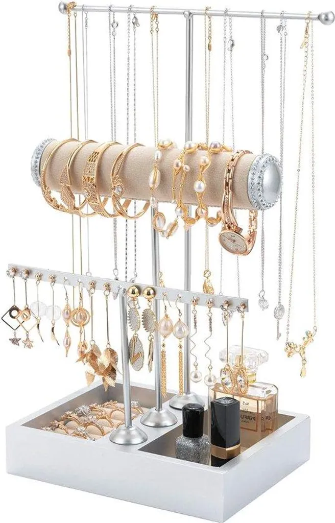 Arbre à bijoux à 3 niveaux en métal argenté pour ranger vos colliers