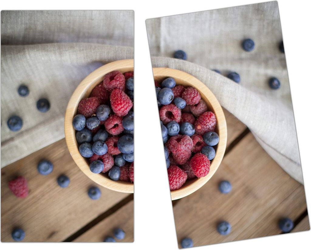 Spritzschutz Herdabdeckplatte Schneidebrett aus Glas Heidelbeeren und Himbeeren 2-Teilig (60x52cm)