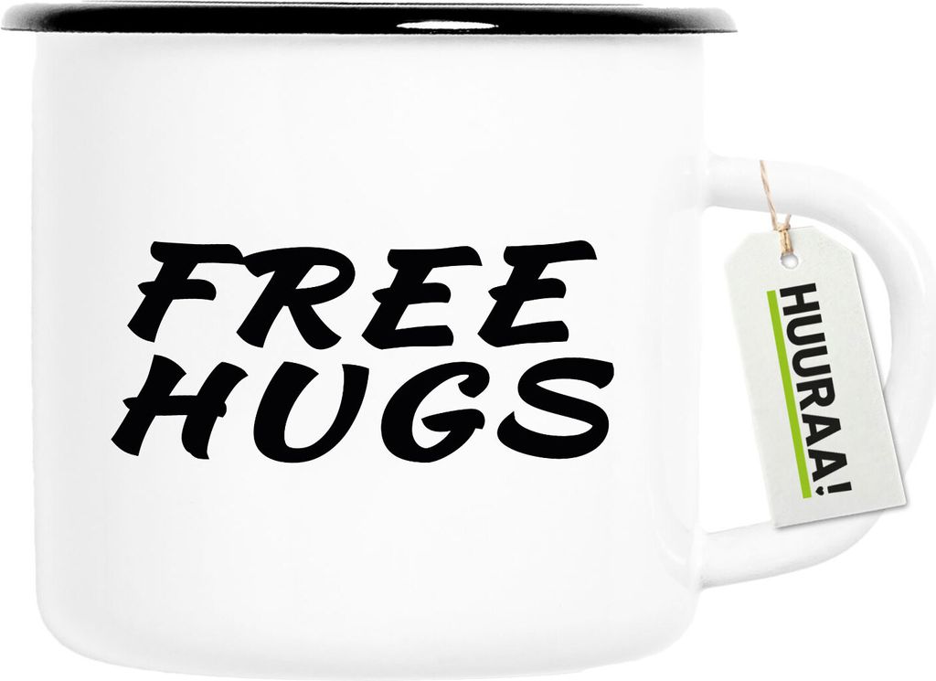 Huuraa Emaille Tasse Free Hugs Schriftzug 300ml Vintage Campingbecher Geschenkidee