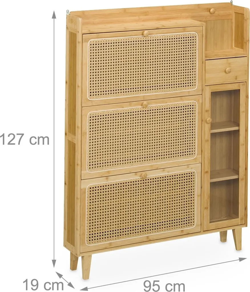 Meuble chaussures en rotin peu encombrant, structure bois 2 compartiments