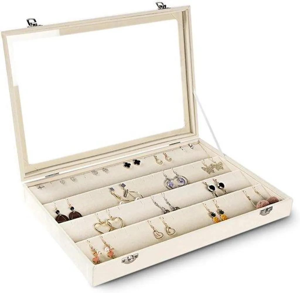 Boîte à bijoux beige 64 compartiments avec couvercle transparent 24x18cm
