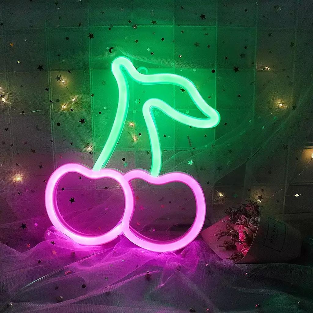 NEON LED Licht, dekorative USB Batterie Leuchte, Kirsche pink grün, ca. 30 x 17,5 cm