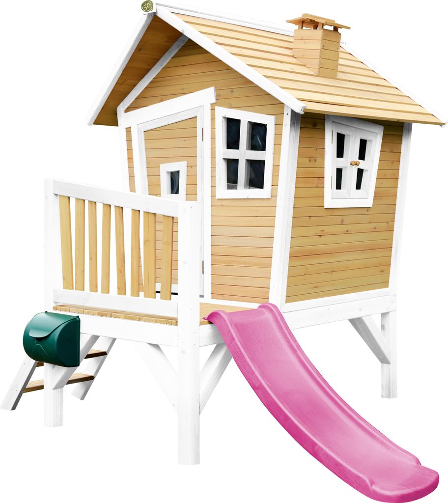 AXI Spielhaus Robin mit lila Rutsche | Stelzenhaus in Braun & Weiß aus Holz für Kinder | Spielturm für den Garten