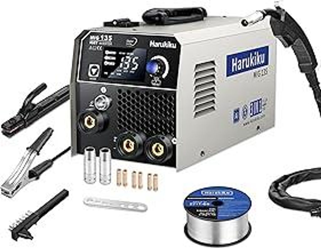 Harukiku135A Fülldraht Schweißgerät Ohne Gas,3-in-1 Elektroden Schweißgerät (Flux MIG/ARC,MMA/Lift WIG),mit Synergischem Drahtvorschub kompakt...