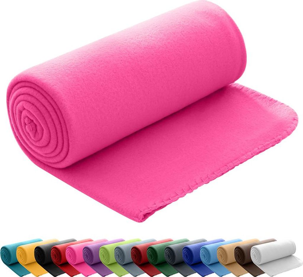 A rolled-up pink fleece blanket is shown against a white background. Below it, a row of similarly rolled blankets in various colors are displayed.