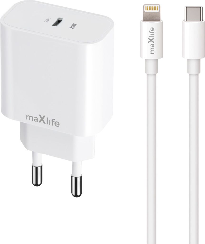 Maxlife Netzladegerät PD QC MXTC-06 1x USB-C 20W Weiß + USB-C-zu-Lightning-Kabel 20W