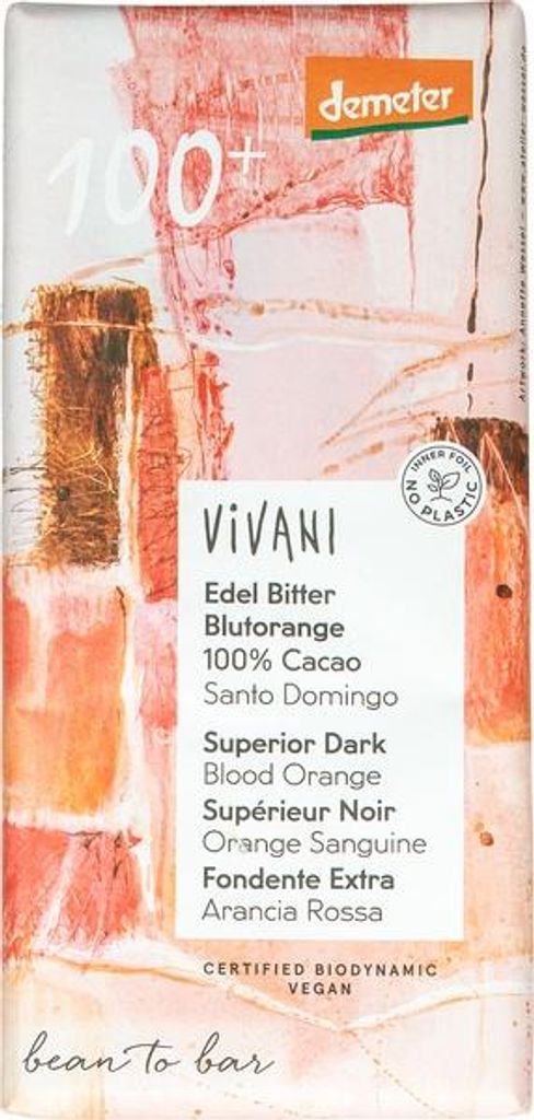 Vivani Chocolate-Bar Blutorange Dark 100% (90 gr) Productafbeelding 