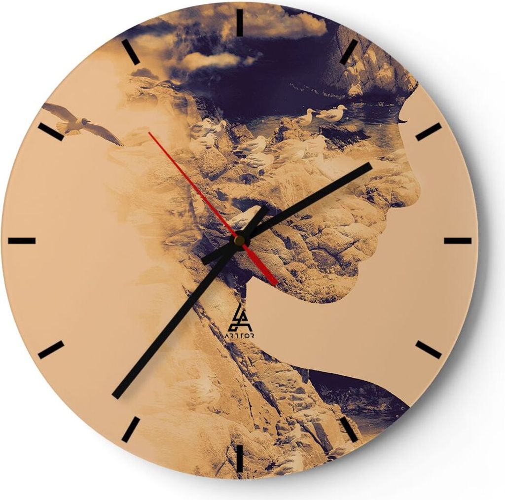 Wanduhr - Rund - Glasuhr - Frau Vögel Fotomontage - 40x40cm - Schleichendes Uhrwerk - Lautlos - zum Aufhängen bereit - Dekoration Modern - Wandde...