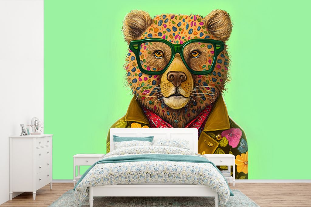 MuchoWow Fototapete für Wohnzimmer oder Schlafzimmer Wandtapete Vinyl Motivtapete Bär - Farben - Brillen - Tier - Blumen - 525x350 cm - Das Hin...