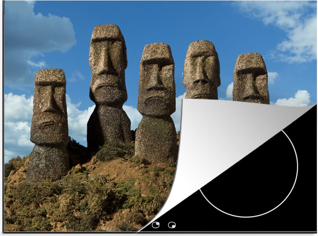 KitchenYeah Herdabdeckplatte Fünf Moai-Statuen auf der Osterinsel , 71x52cm, Küche Deko, Glaskeramikkochfeld Herdabdeckung, Abdeckplatte fùr K...
