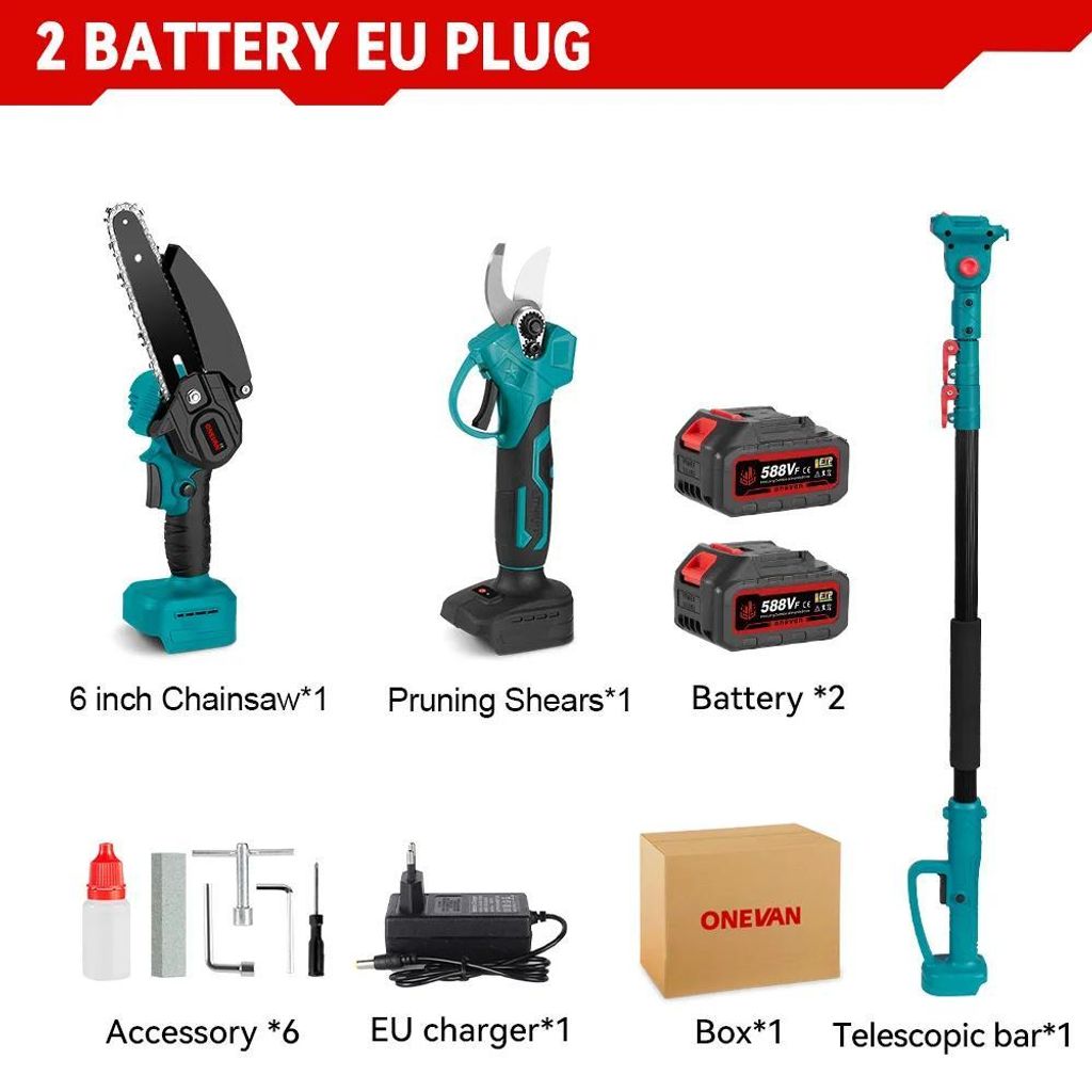 2-in-1 Astsägen-Set - Teleskop-Kettensäge & Astschere - 15 cm Schwert - Bürstenloser Motor - 18 V 3500 W - 2 Akkus - Braun