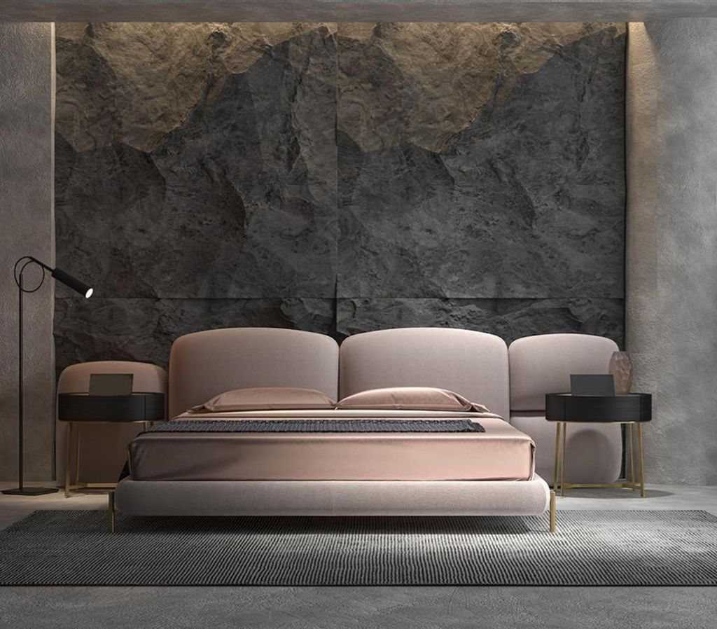 Großes Beiges Schlafzimmer Doppelbett Designer Breites Textil Kopfteil