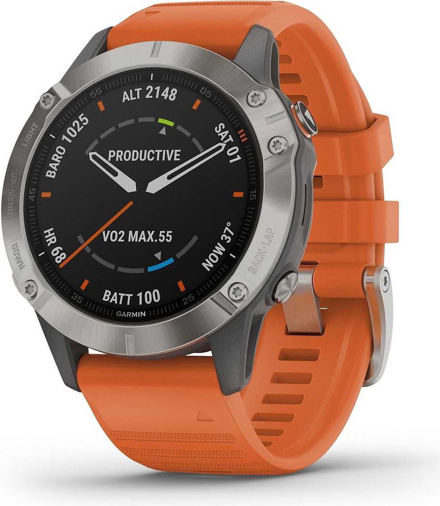 Garmin Fenix 6 Saphir Titan Grau mit orangenem Armband Produktbild 