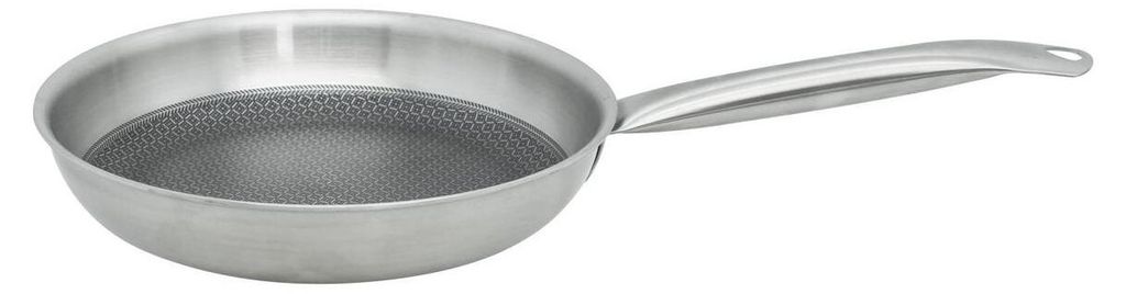 A silver frying pan with a textured interior is shown against a white background.