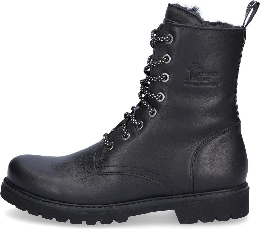 A black leather lace-up boot with a white and black patterned lace.