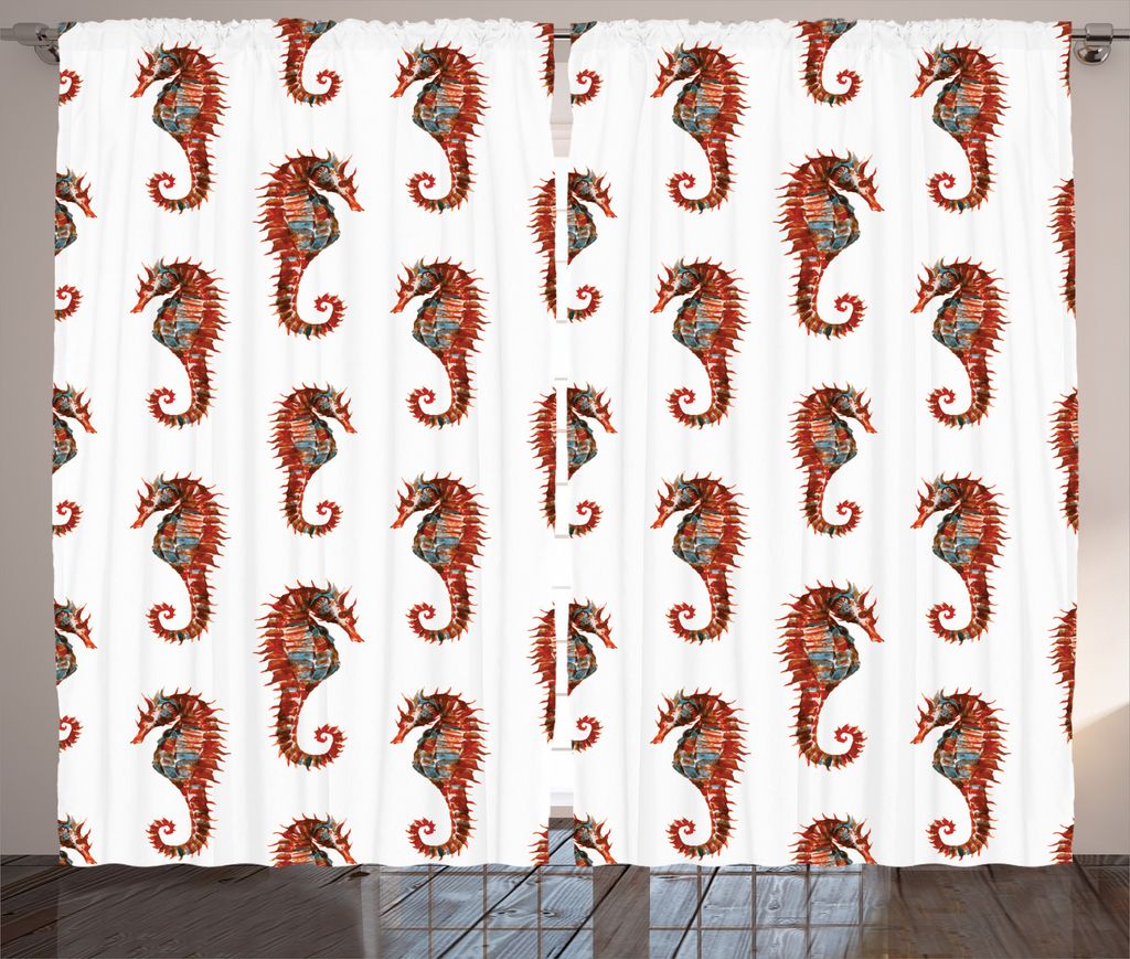 ABAKUHAUS Seahorse Rustikaler Gardine, Muster in den Aquarellen, Schlafzimmer Kräuselband Vorhang mit Schlaufen und Haken, 280 x 175 cm, Grau und Rot