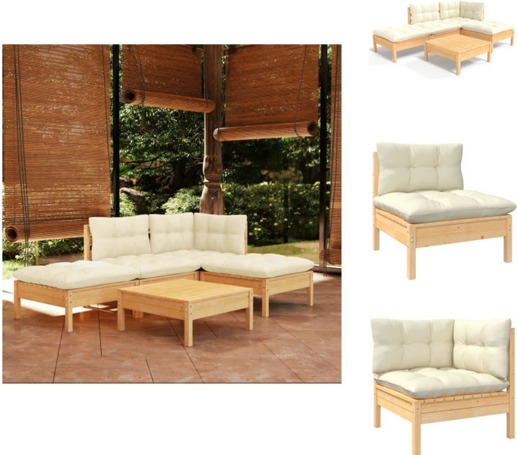 vidaXL 5-tlg. Garten-Lounge-Set mit Creme Kissen Kiefernholz - Gartenmöbel-Sets