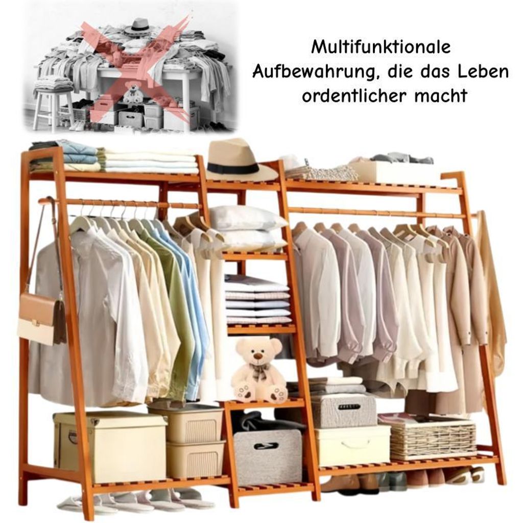 Kleiderständer aus Bambus, Freistehender Garderobenständer, Multifunktional Kleiderstange mit Regal,Garderobe für Schlafzimmer Flur, Einfache Mo...
