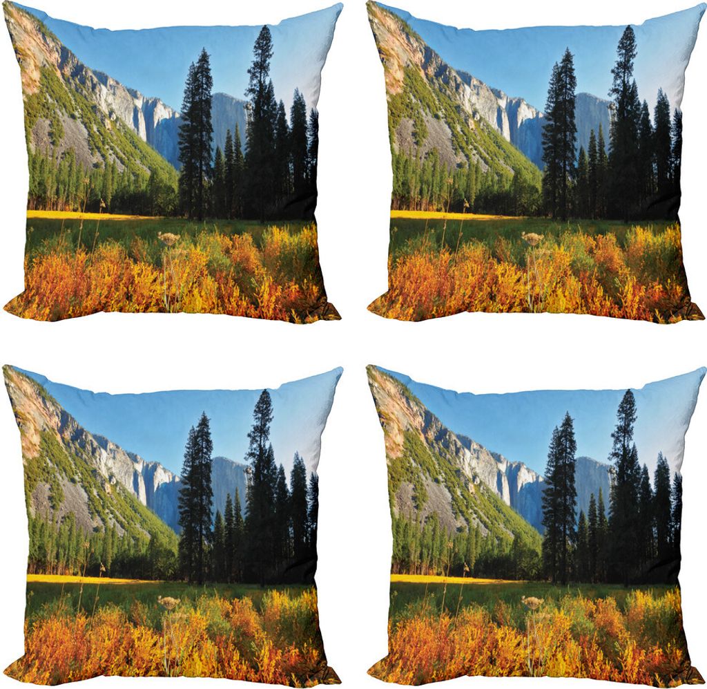 ABAKUHAUS Yosemite Kissenbezug Set (4 Stück), Vögel über Berge, Moderner Doppelseitiger Digitaldruck, 40 cm x 40 cm, Orange, Blau, Grün