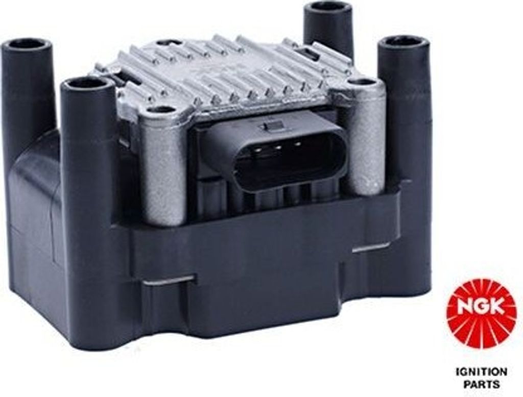 A black and silver ignition coil with a black connector and a red NGK logo in the bottom right corner.