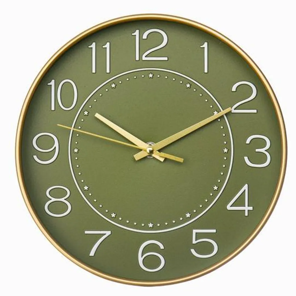 Horloge à quartz moderne 25 cm vert doré avec chiffres arabes lisibles
