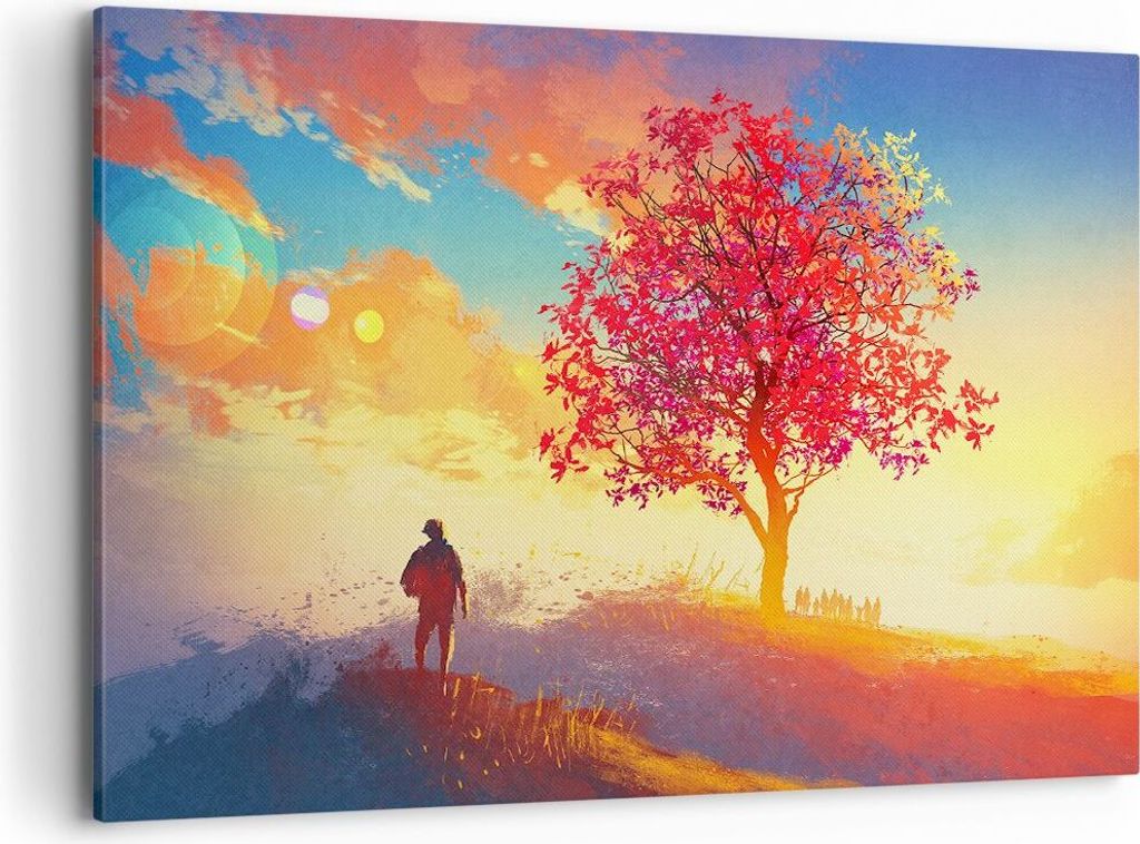 Bild auf Leinwand - Leinwandbild - Baum Wiese Feld - 120x80cm - Wand Bild - Wanddeko - Wandbilder - Leinwanddruck - Bilder - Kunstdruck - Wanddekor...