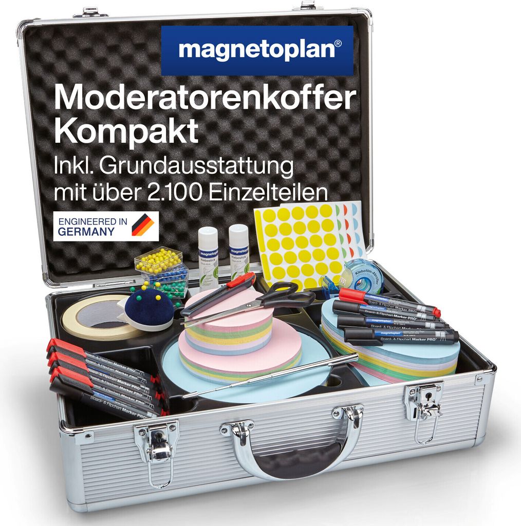 Magnetoplan Moderationskoffer Kompakt | Inkl. 2100 Teile | HxBxT 340x470x165mm | Abschließbar für Schulungen & Seminare | Hochwertig & mobil