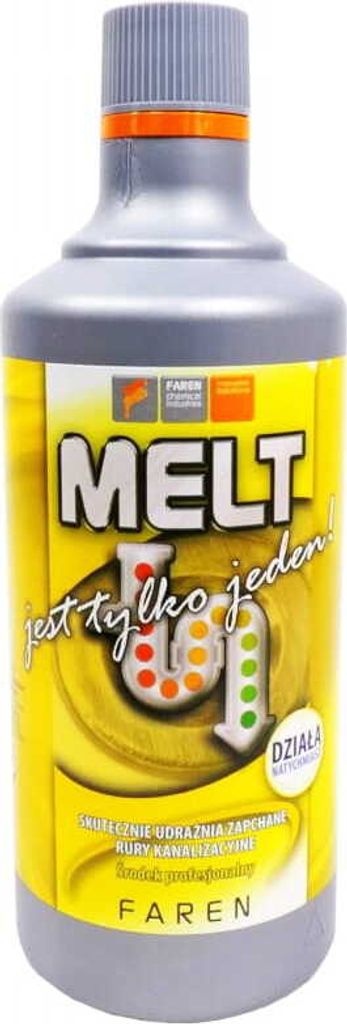 A bottle of Melt Abflussreiniger und Verstopfungslöser.