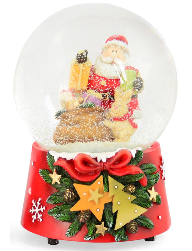 Spieluhr Schneekugel "Weihnachtsmann mit Hase" 14,5 cm | 74845 - Adventsdekoration