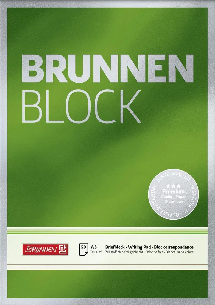 Bloc A5 BRUNNEN 1052326 : Papier 90g Épais contre les Fuites d'Encre Uni
