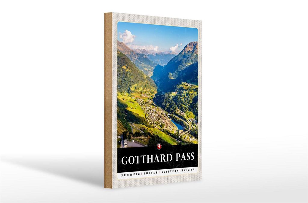 Holzschild Reise 20x30cm Gotthard Pass Wanderung Natur Produktbild 