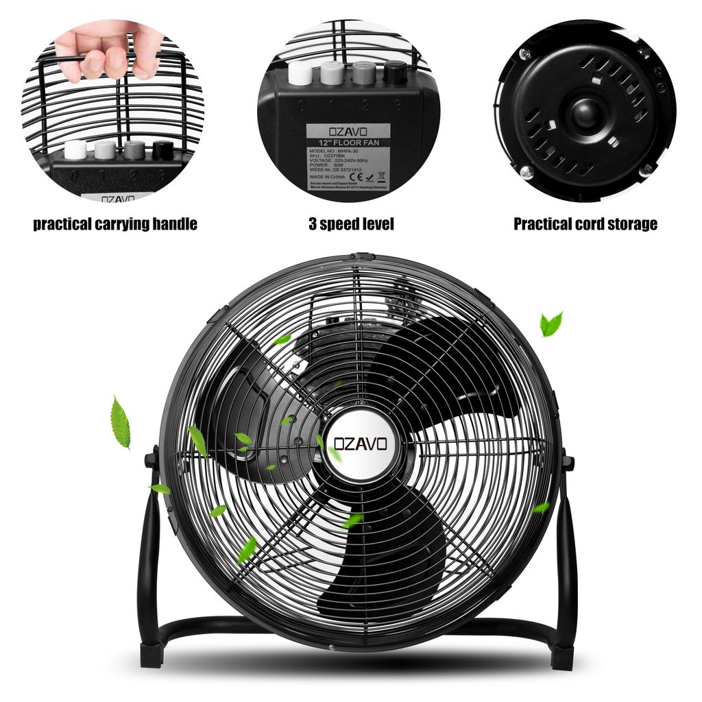 OZAVO Bodenventilator, 55cm, mit 3 Geschwindigkeiten, Tastschalter & Kupfermotor, Hochleistungsventilator mit für Heim,Schwarz