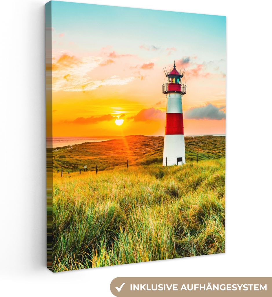 Leinwand Bilder 30x40 cm - Leuchtturm - Natur - Sonne - Landschaft - Strand - Meer, Wandbilder, Wanddeko Wohnzimmer, Bild