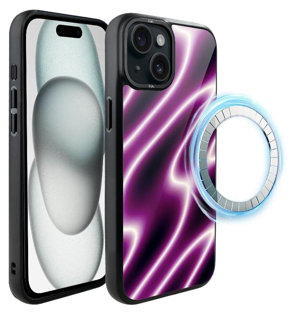 Schutzhülle für das iPhone 15 Plus, MagSafe-kompatibel, mattschwarze Seiten, violette Neonröhren