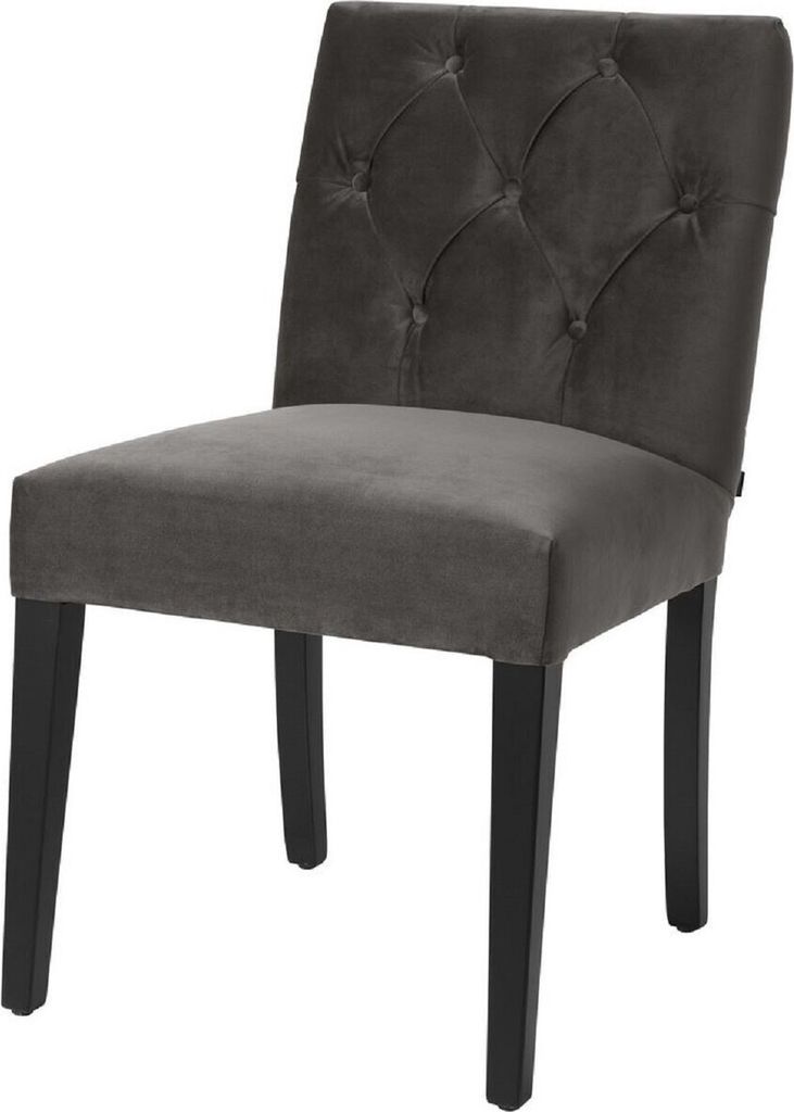 Casa Padrino Luxus Esszimmerstuhl Grau / Schwarz 51 x 64 x H. 90 cm - Chesterfield Küchenstuhl mit edlem Samtstoff - Luxus Esszimmer Möbel