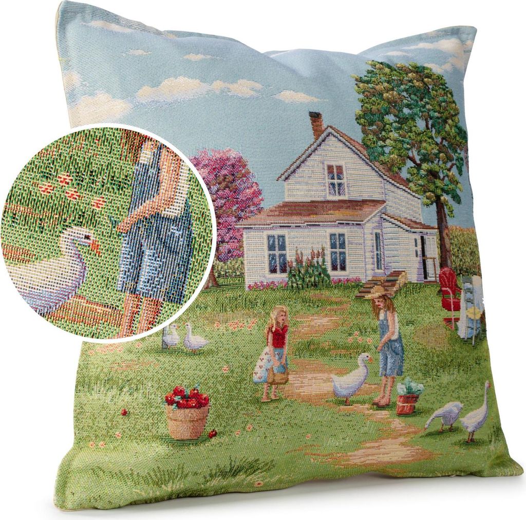 Dekokissen 45x45cm Kissenhülle mit Reißverschluss Sofakissen ohne Füllung Bauernhof Gobelin bunt